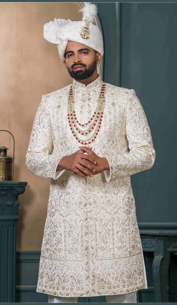 Men Silk Ethnic Wedding Sherwani Embroidery Cream - 13278211978