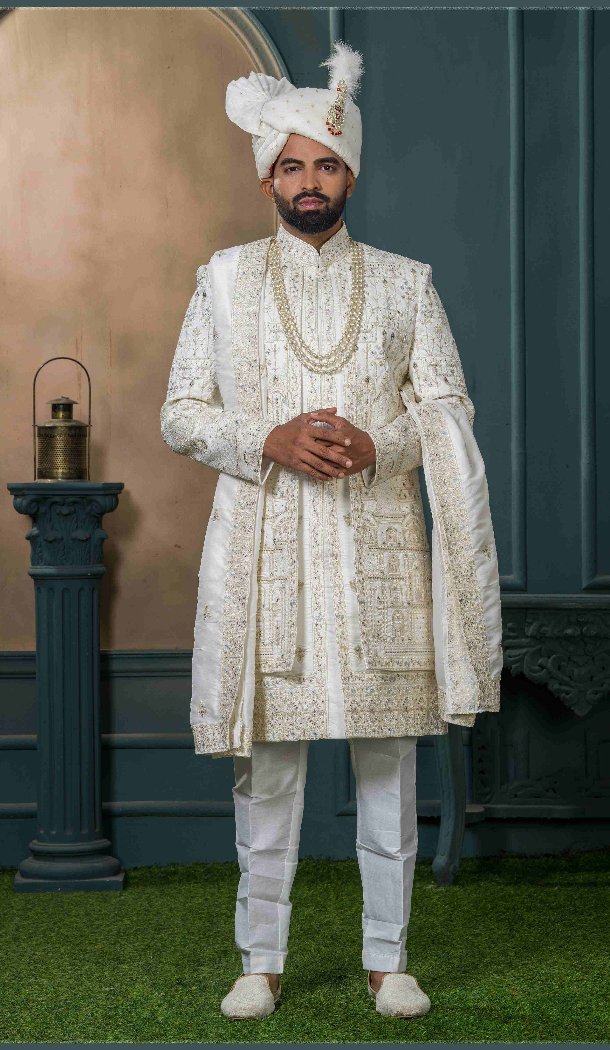 Men Embroidery Off white Ethnic Wedding Sherwani Silk - 13278211979