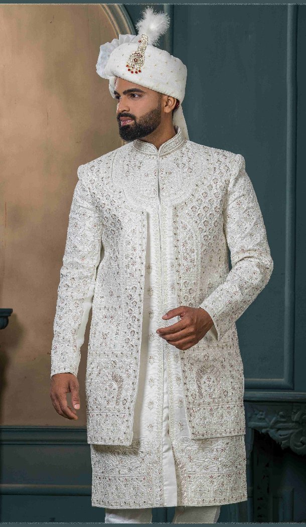 Men Ethnic Wedding Sherwani Embroidery Silk Off white - 13278211980