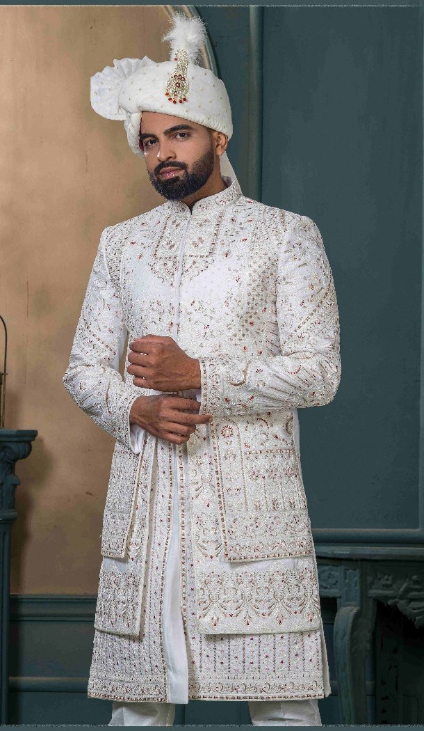 Men Embroidery Ethnic Wedding Sherwani Off white Silk - 13278211981
