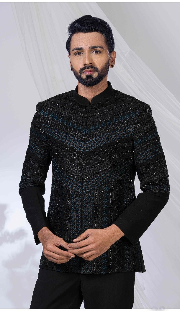 Men Black Imported Ethnic Wedding Sherwani - 13279212036