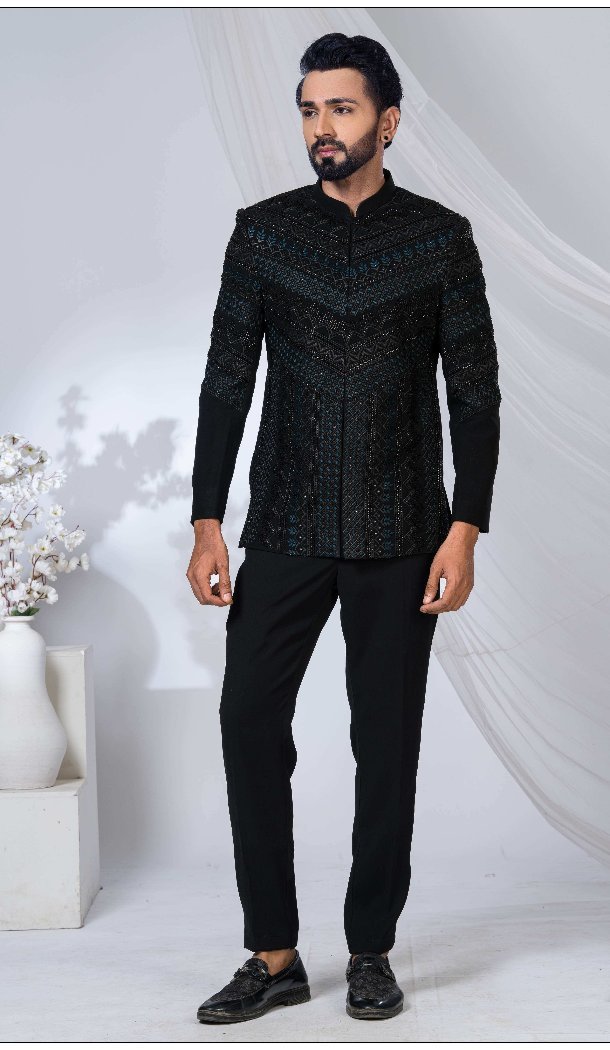 Men Black Imported Ethnic Wedding Sherwani - 13279212036