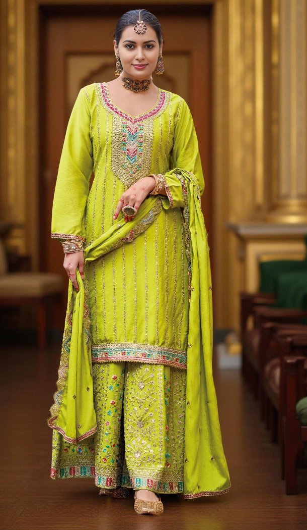 Women Perrot Green Palazzo Suit Primium Chinon Embroidery Work - 13302212231