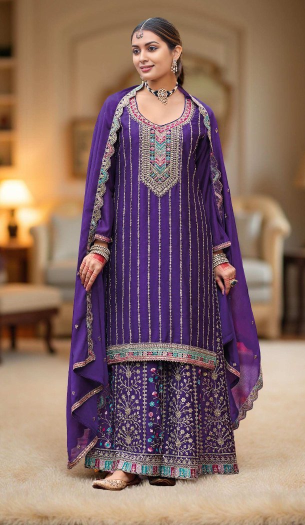 Women Primium Chinon Embroidery Work Purple Palazzo Suit - 13302212232