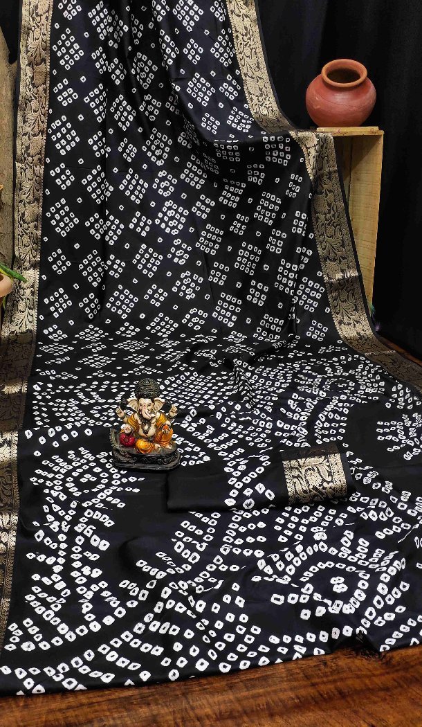 Women Black Print Pure Bandhej Silk Bandhni Saree - 13329212348