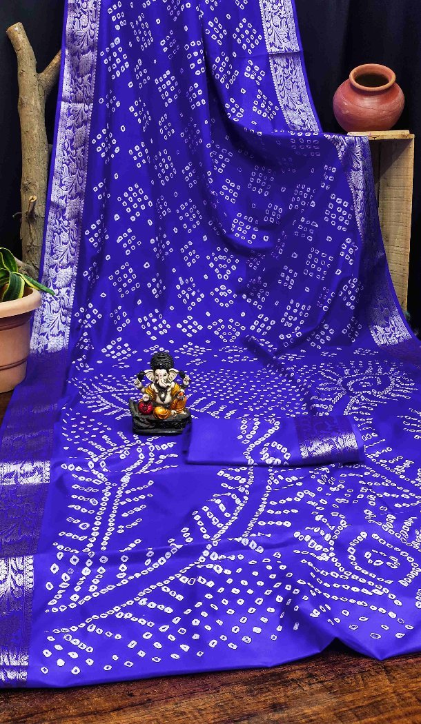 Women Pure Bandhej Silk Bandhni Saree Print Blue - 13329212349