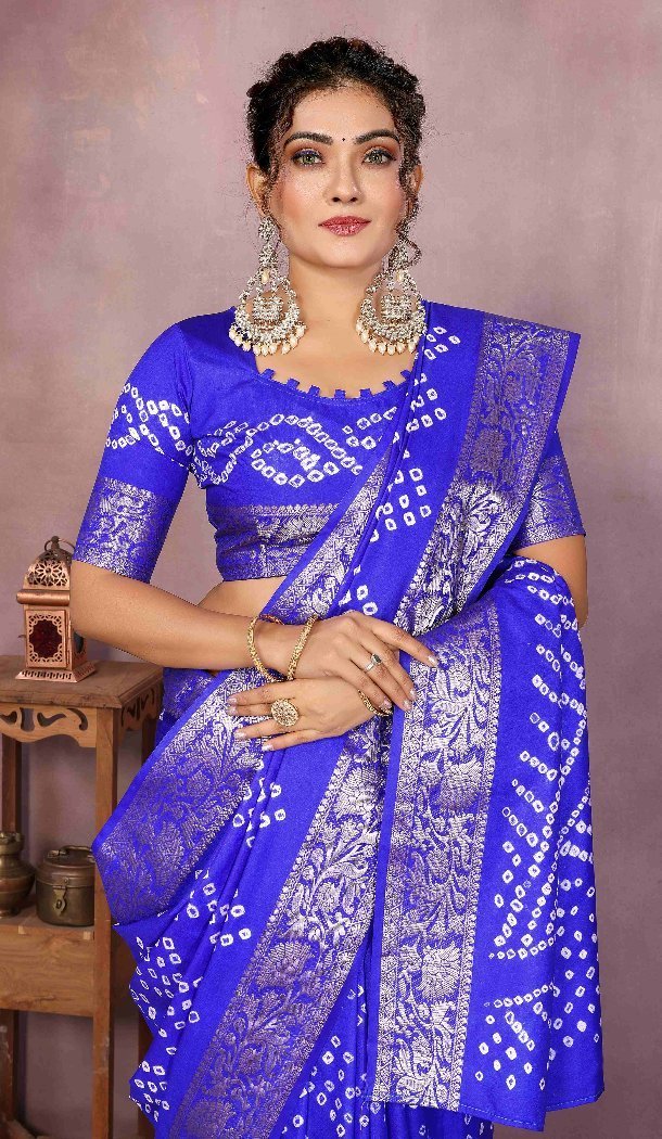 Women Pure Bandhej Silk Bandhni Saree Print Blue Plus Size