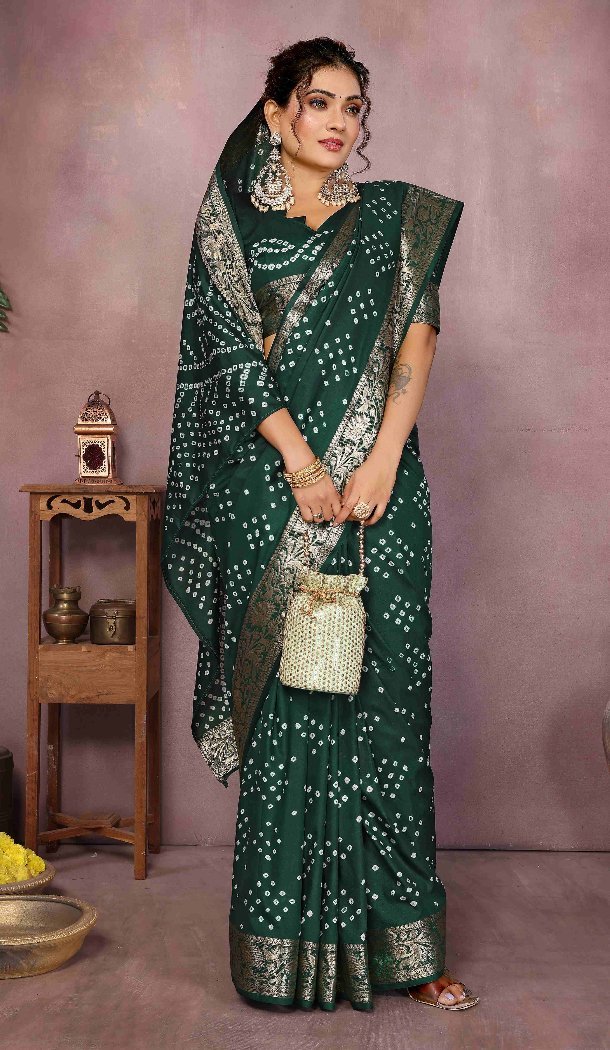 Women Bandhni Saree Pure Bandhej Silk Print Green - 13329212350
