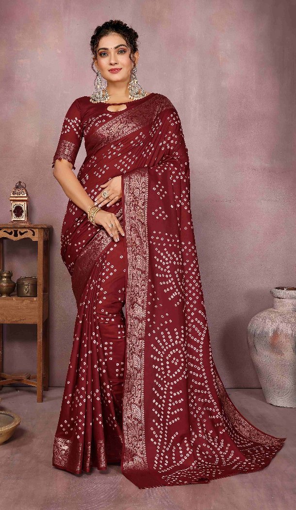Women Pure Bandhej Silk Bandhni Saree Print Maroon - 13329212351