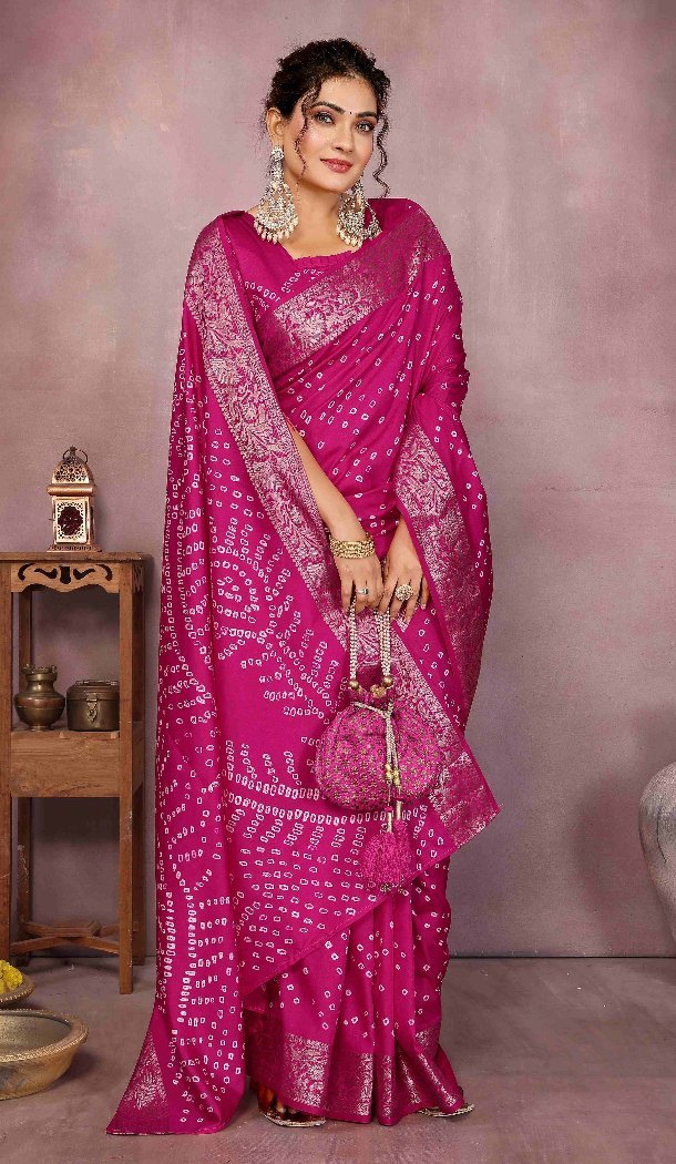 Women Bandhni Saree Pink Print Pure Bandhej Silk - 13329212352