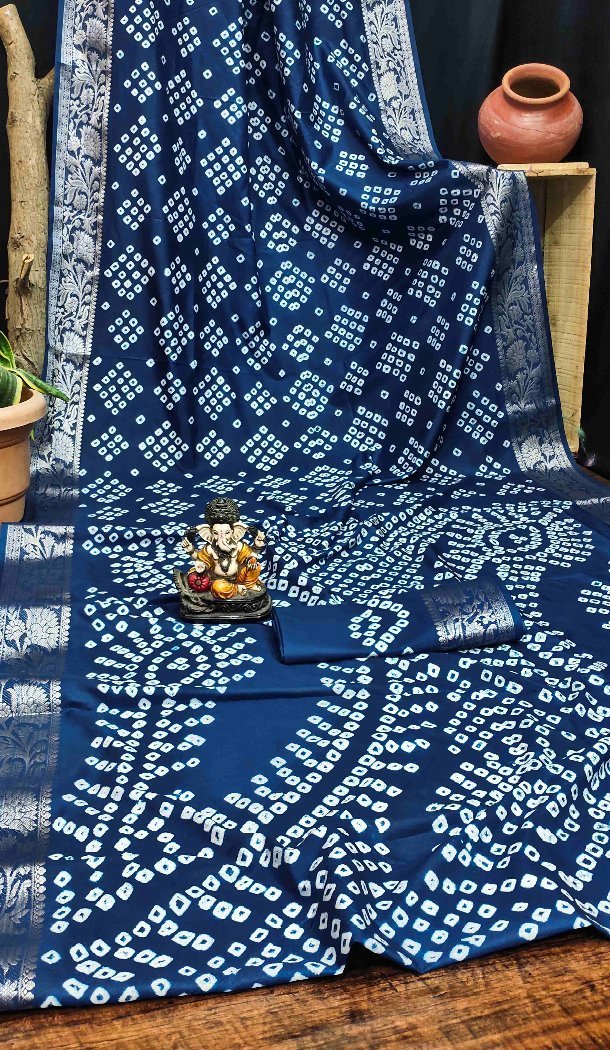 Women Pure Bandhej Silk Bandhni Saree Teal Print - 13329212354