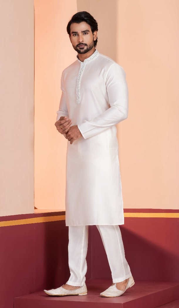 Men White Cotton Kurta Pajama Plain - 13334212382