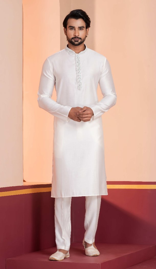 Men White Cotton Kurta Pajama Plain - 13334212382