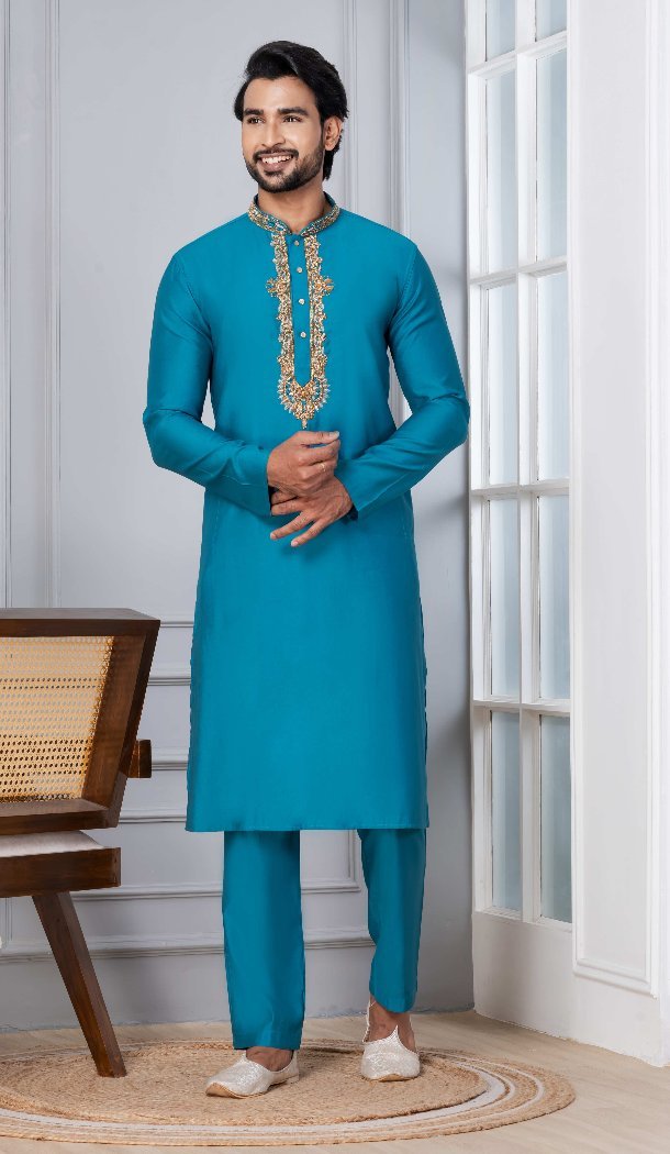 Men Kurta Pajama Teal Blue Plain Cotton - 13334212385