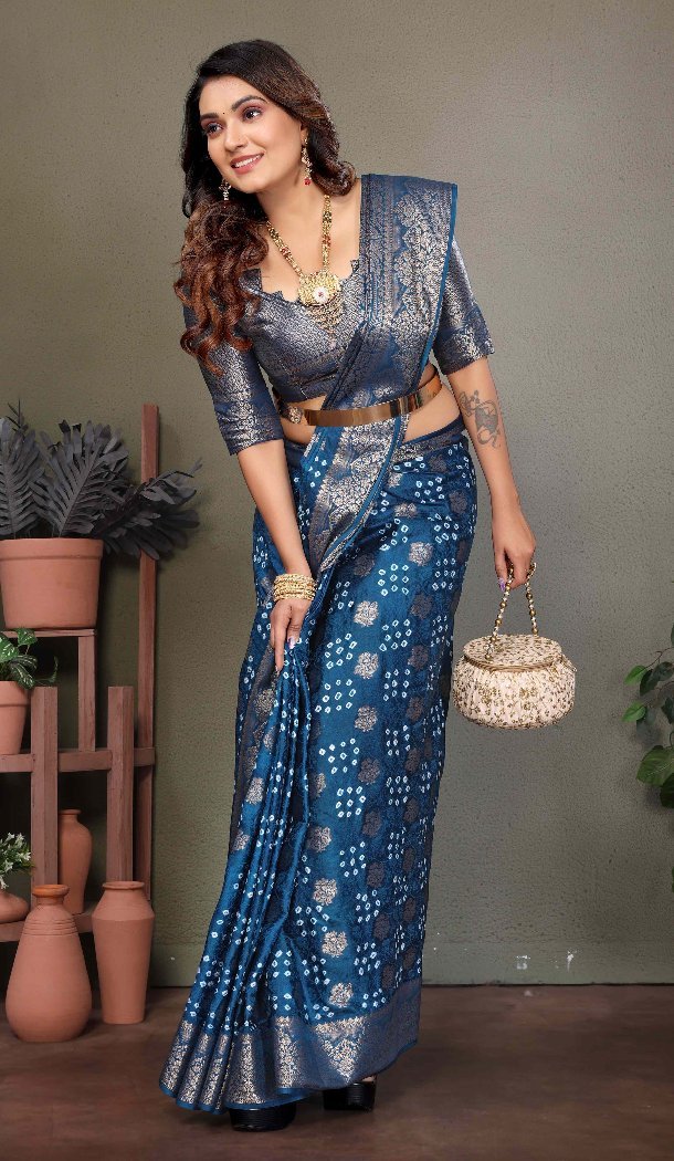 Women Blue Traditional Wear Saree Print Bandhej Silk - 13345212425
