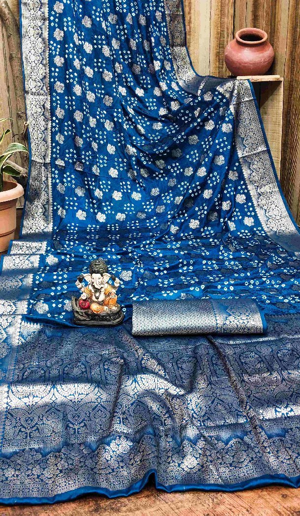 Women Blue Traditional Wear Saree Print Bandhej Silk - 13345212425