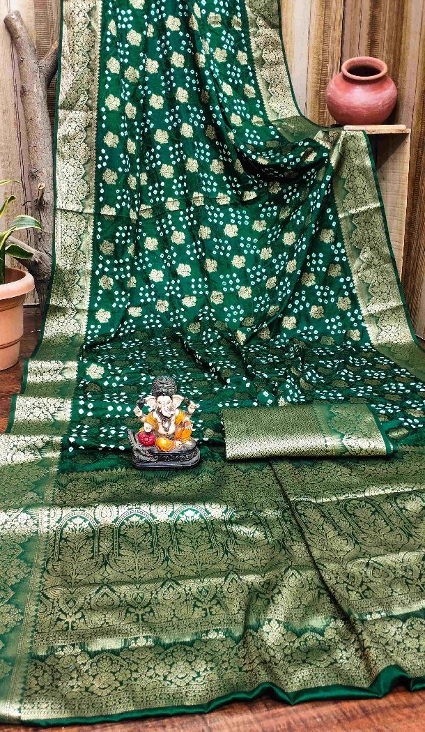 Women Traditional Wear Saree Bandhej Silk Print Green - 13345212426