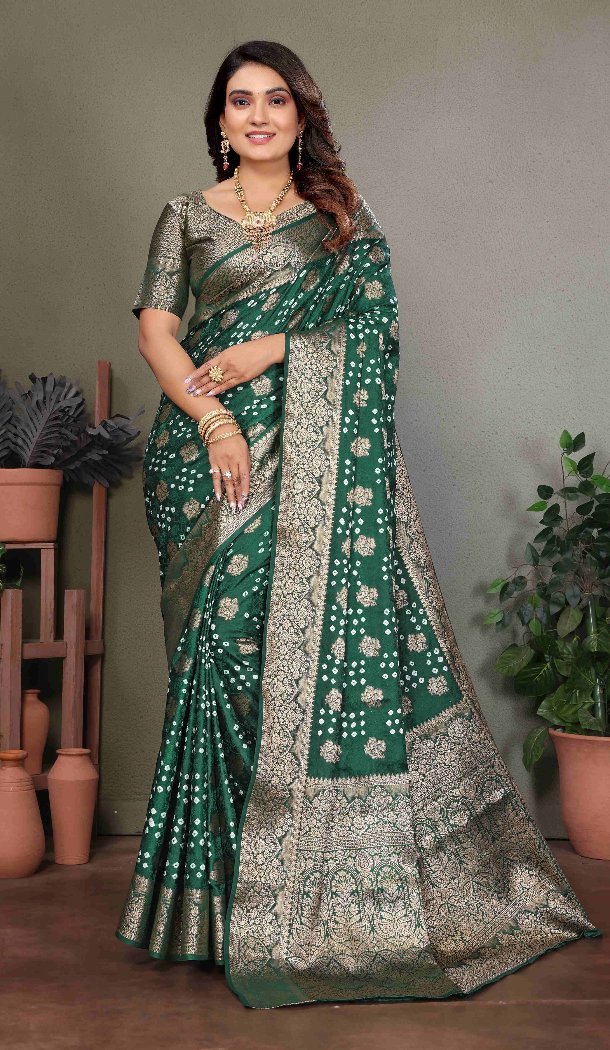 Women Traditional Wear Saree Bandhej Silk Print Green - 13345212426