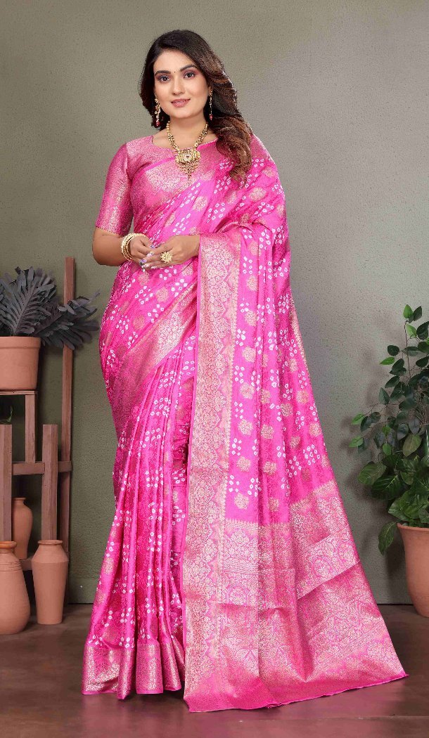 Women Bandhej Silk Print Pink Traditional Wear Saree - 13345212427