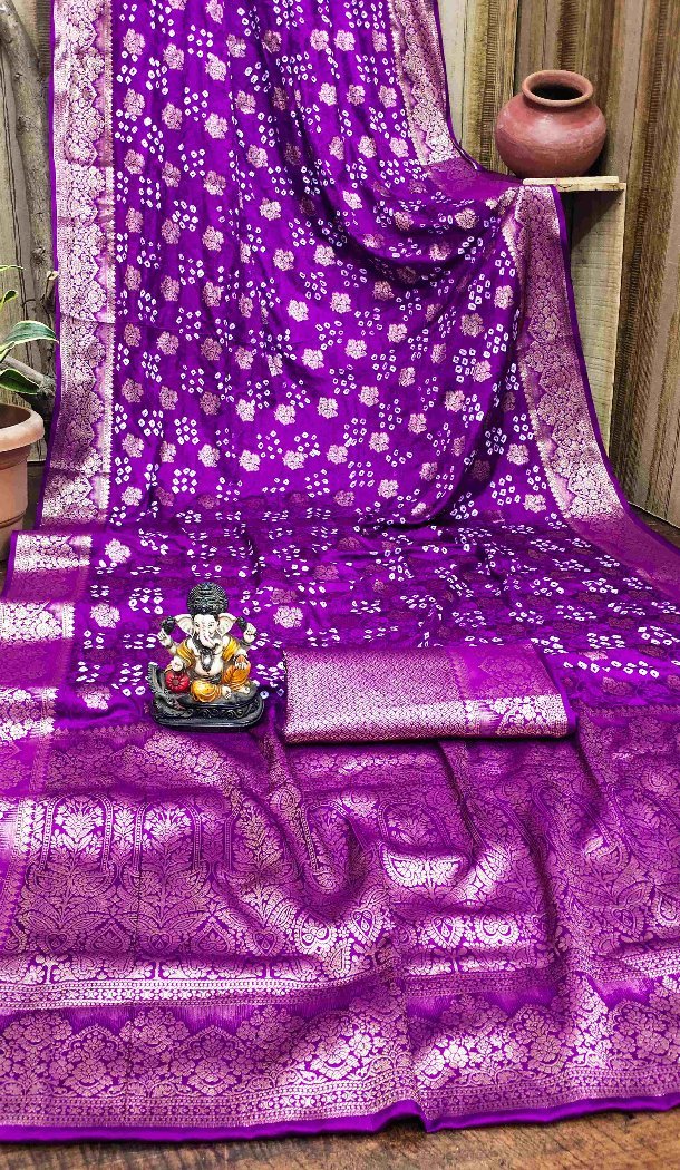 Women Print Traditional Wear Saree Purple Bandhej Silk - 13345212428