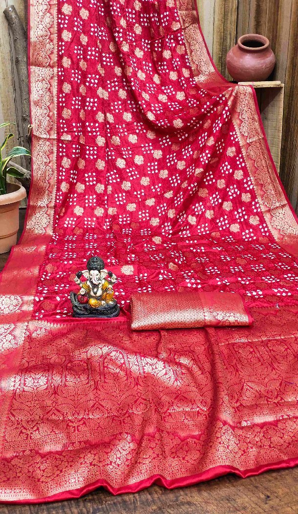 Women Bandhej Silk Print Red Traditional Wear Saree - 13345212429