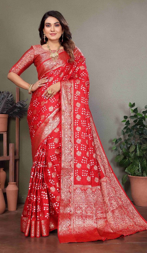 Women Bandhej Silk Print Red Traditional Wear Saree - 13345212429