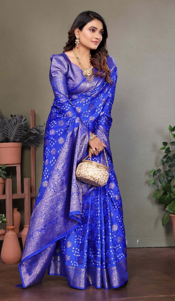 Women Print Traditional Wear Saree Royal Blue Bandhej Silk - 13345212430