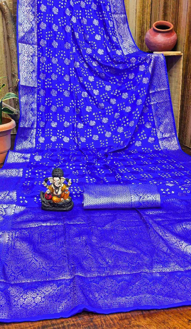 Women Print Traditional Wear Saree Royal Blue Bandhej Silk - 13345212430