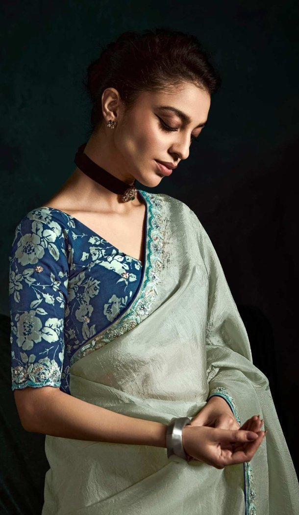 Women Embroidery Designer Saree Grey Tissue Organza - 13350212457