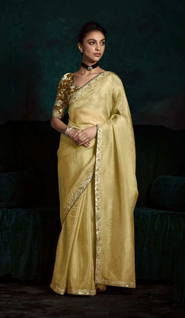 Women Designer Saree Cream Tissue Organza Embroidery - 13350212458
