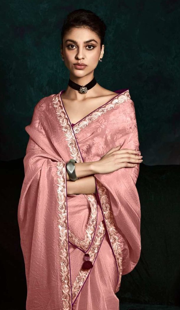 Women Light Pink Tissue Organza Designer Saree Embroidery - 13350212459
