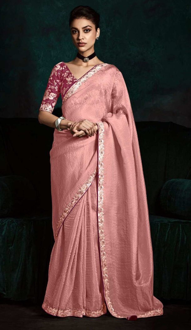 Women Light Pink Tissue Organza Designer Saree Embroidery - 13350212459