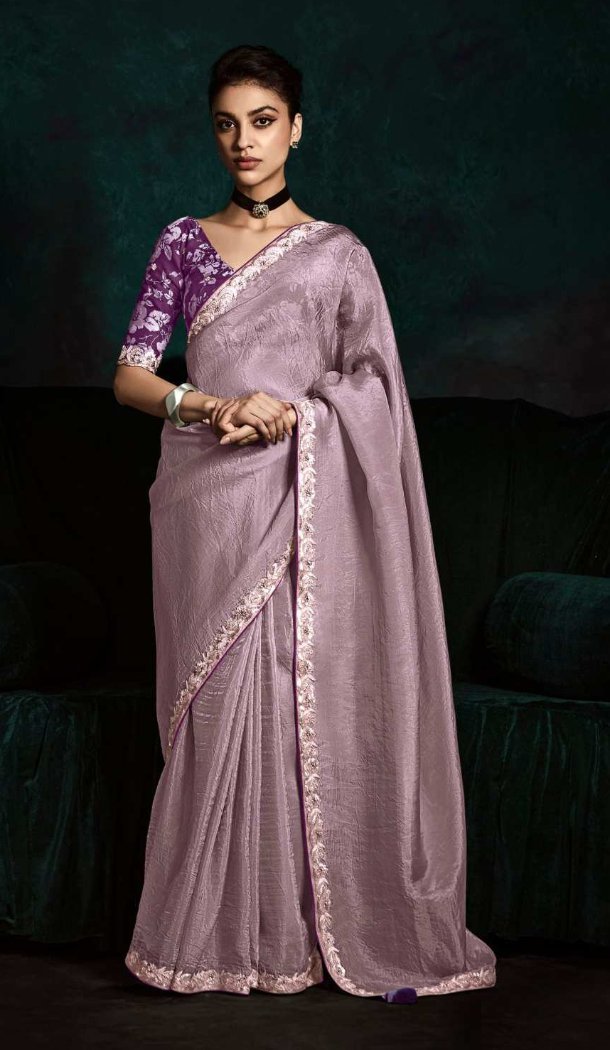 Women Embroidery Designer Saree Lavender Tissue Organza - 13350212461