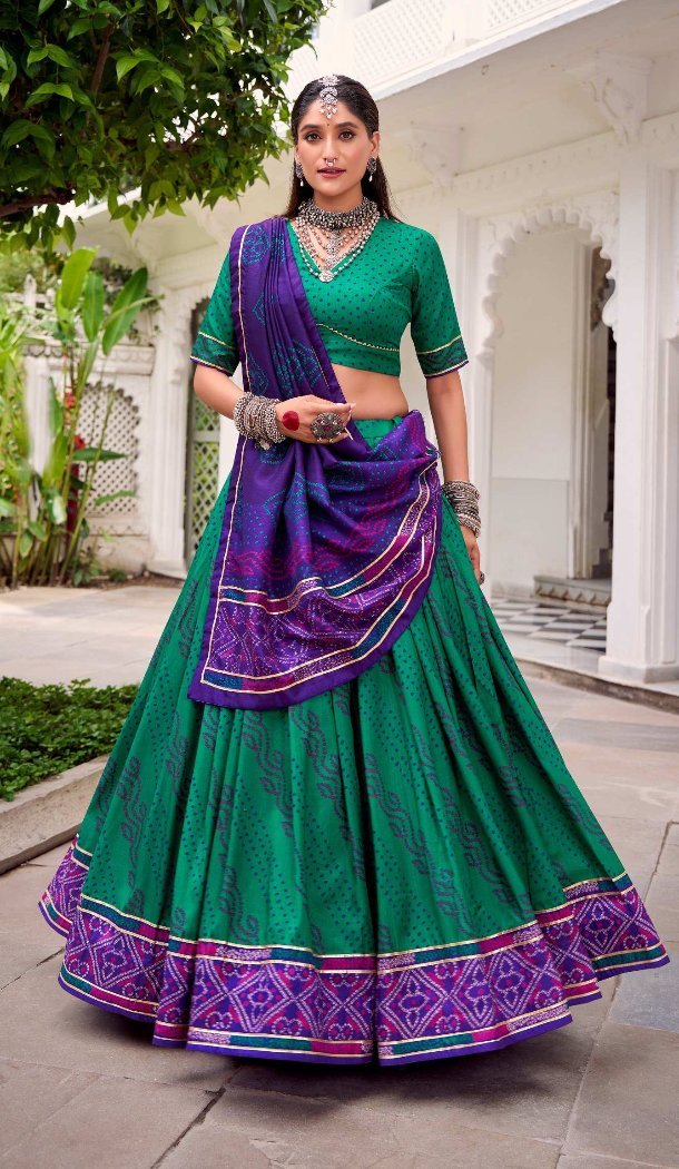 Women Green Tussar Silk Digital Print Traditional Wear Lehenga Choli - 13360212494