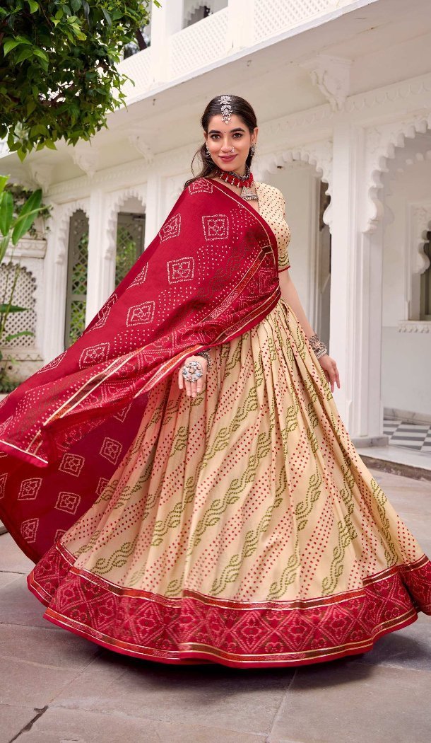 Women Tussar Silk Traditional Wear Lehenga Choli Off White Digital Print - 13360212495