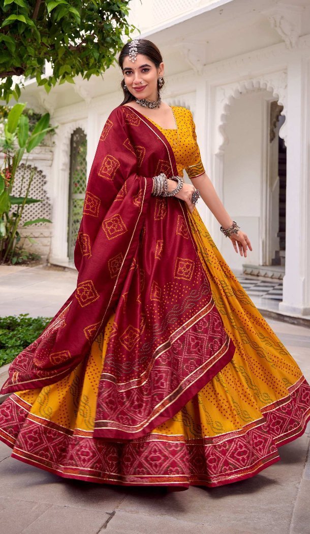Women Traditional Wear Lehenga Choli Yellow Tussar Silk Digital Print - 13360212497
