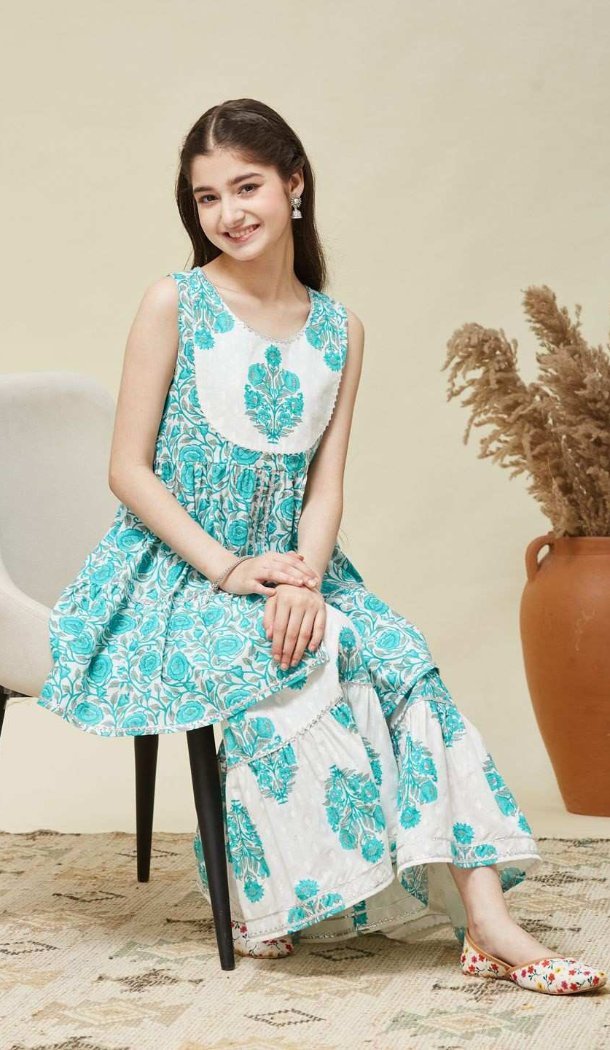 Blue Cotton Printed Work Kids Wear Kurta Sharara - 13453212926