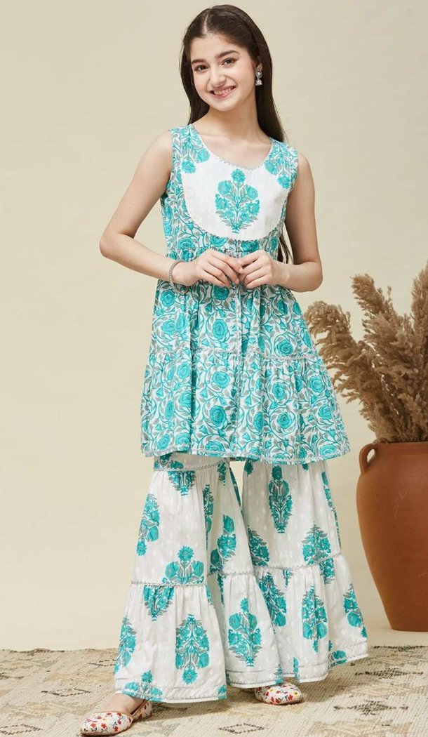 Blue Cotton Printed Work Kids Wear Kurta Sharara - 13453212926