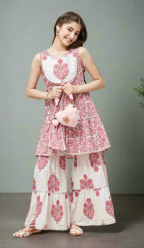 Cotton Kids Wear Kurta Sharara Pink Printed Work - 13453212927