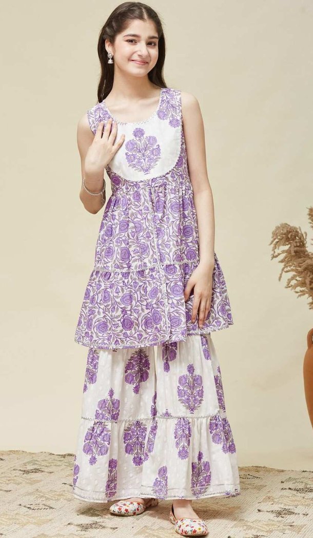 Printed Work Purple Kids Wear Kurta Sharara Cotton - 13453212928