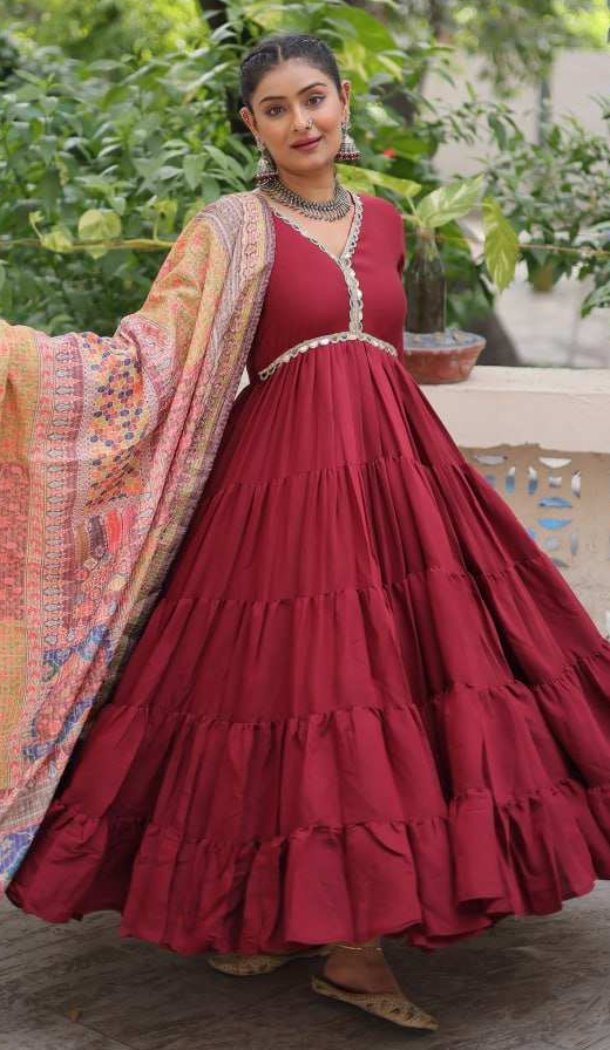 Women Gown Maroon Roman Mirror Lace & Dori Jal Lace Work - 13459212958