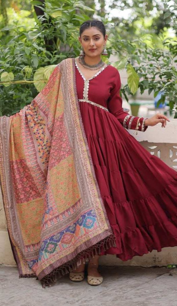 Women Gown Maroon Roman Mirror Lace & Dori Jal Lace Work - 13459212958