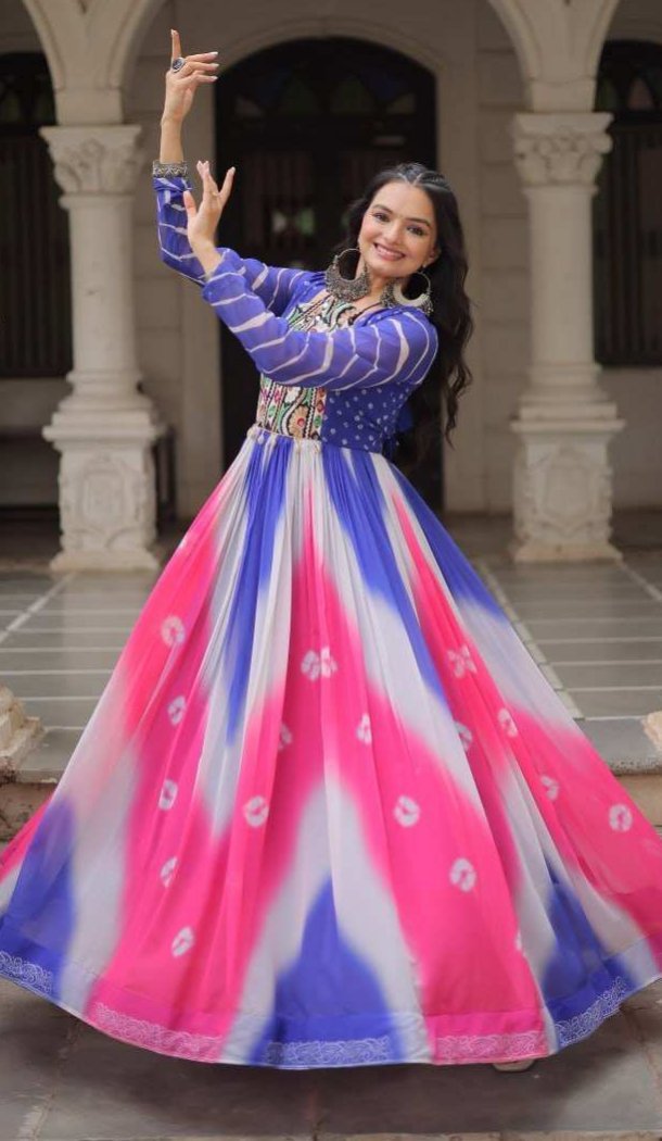 Women Embroidery Mirror Work Faux Georgette Bandhej Gown Multi Plus Size