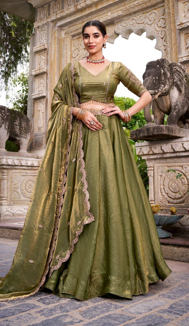 Women Sequence Work Mehendi Green Designer Lehenga Choli Fendi Silk - 13474213028