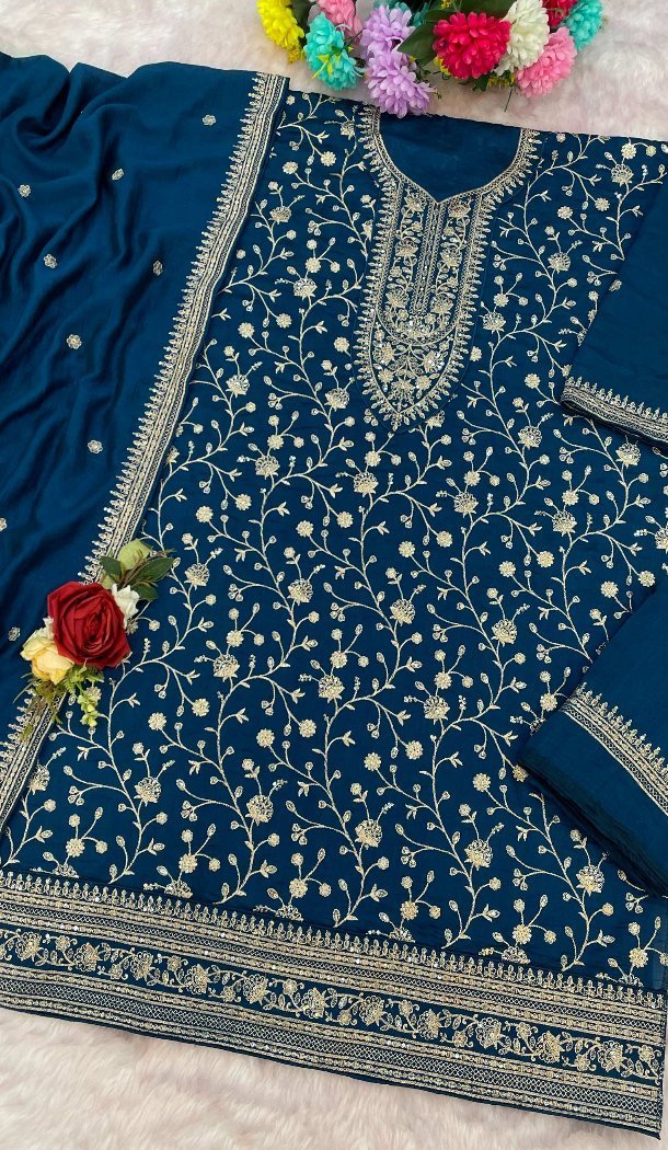 Women Embroidery Sequence Work Teal Blue Vichitra Palazzo Suit - 13476213035