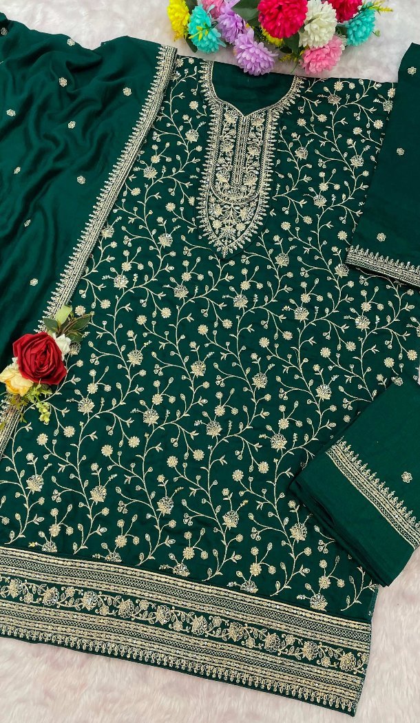 Women Embroidery Sequence Work Vichitra Palazzo Suit Bottle Green - 13476213036