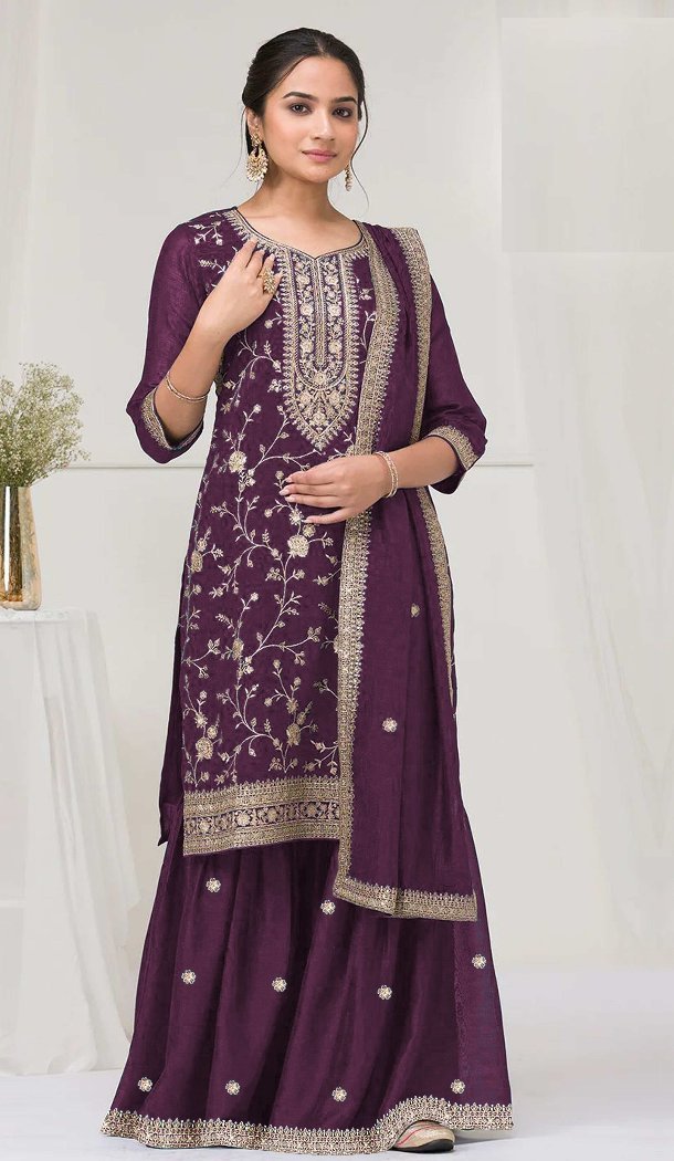 Women Vichitra Embroidery Sequence Work Palazzo Suit Purple - 13476213038