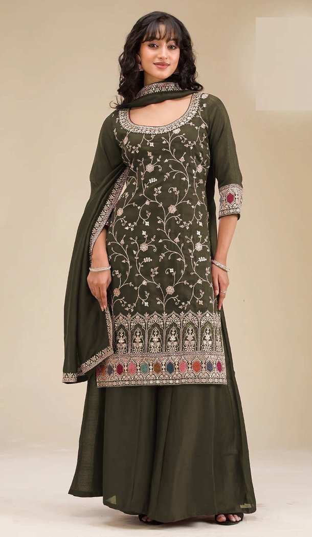 Women Embroidery Sequence Work Vichitra Green Palazzo Suit - 13490213098