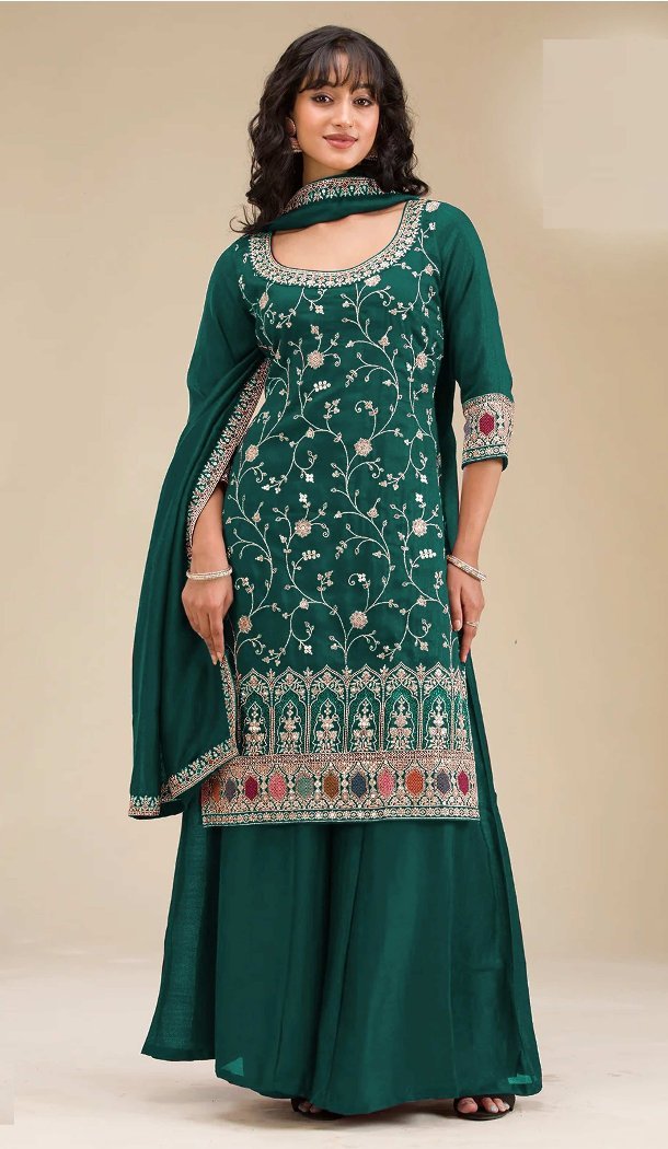 Women Vichitra Embroidery Sequence Work Palazzo Suit Dark Green - 13490213101