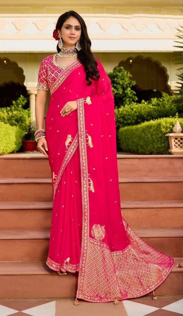 Women Viscose Organza & Satin Designer Saree Pink Jacquard Work - 13488213089